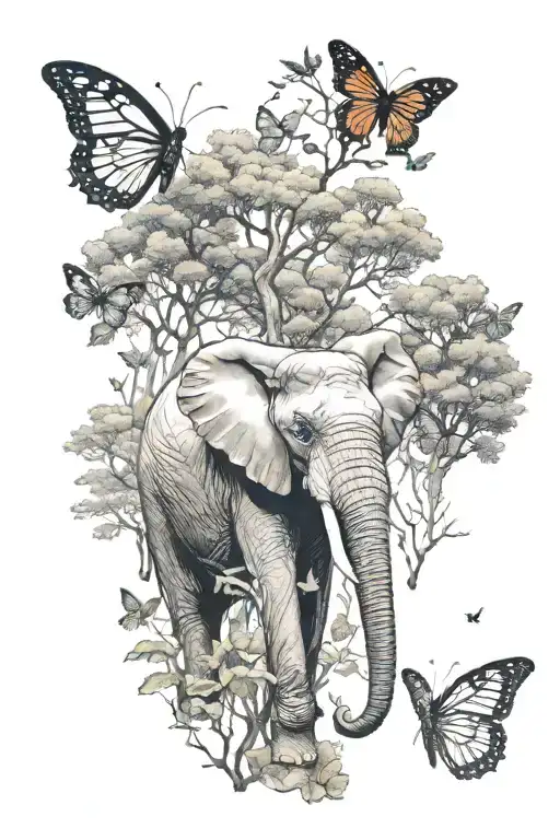 Elephant In Forest Trees Background Looking Butterflies With Karma Logo