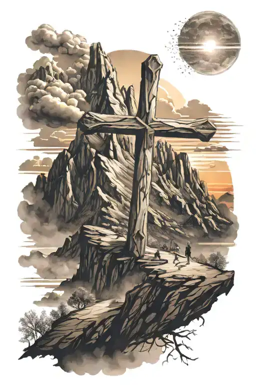 Beautiful Cross On The Top Of A Moutain With Sunrise Integrated