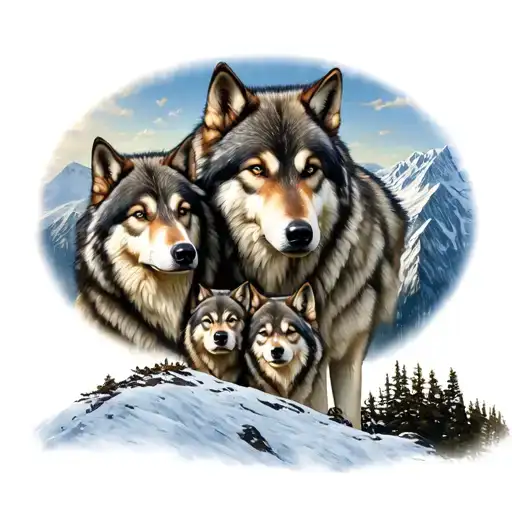 Wolves In Mountain Protecting His Family