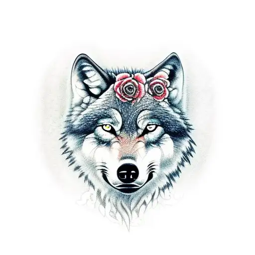 Wolf With Roses And Barb Wire