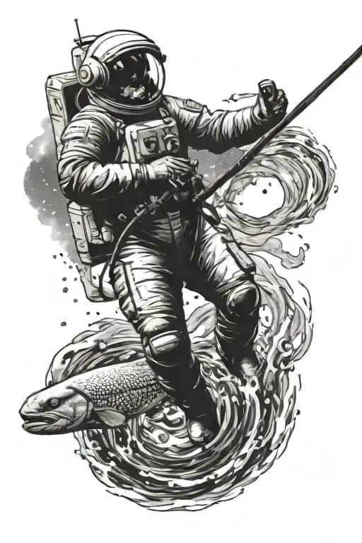 Spaceman Standing With A Fishing Rod In Water With The Night Sky Above Tattoo Design Idea