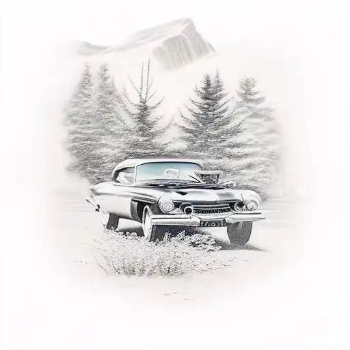 A Vintage Car Driving Through A Scenic Landscape With A Girl Sitting On The Hood