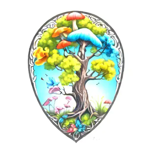 Tree Of Life Surrounded By Colorful Mushrooms