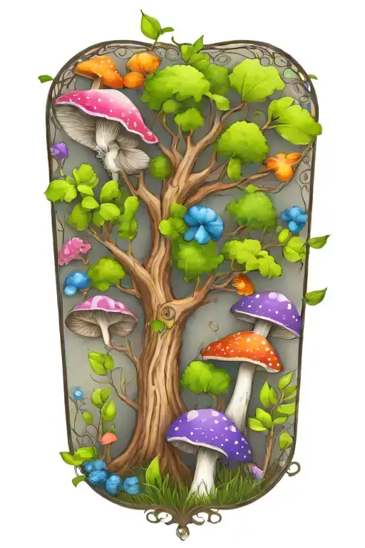 Tree Of Life Surrounded By Colorful Mushrooms
