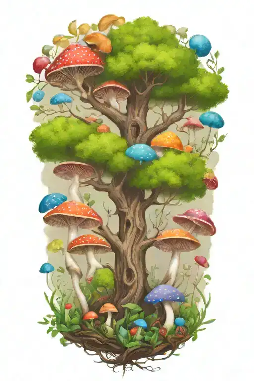 Tree Of Life Surrounded By Colorful Mushrooms