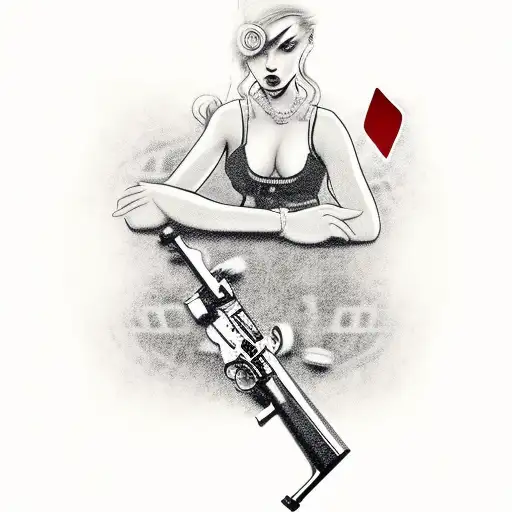 Gangster Girl Holding Pistol Next To Roulette Table And A Set Of Playing Cards And Roses
