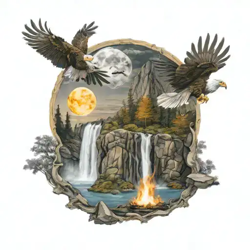 Full Moon Waterfall Flowing Kids Playing By Fire And A Eagle Soaring