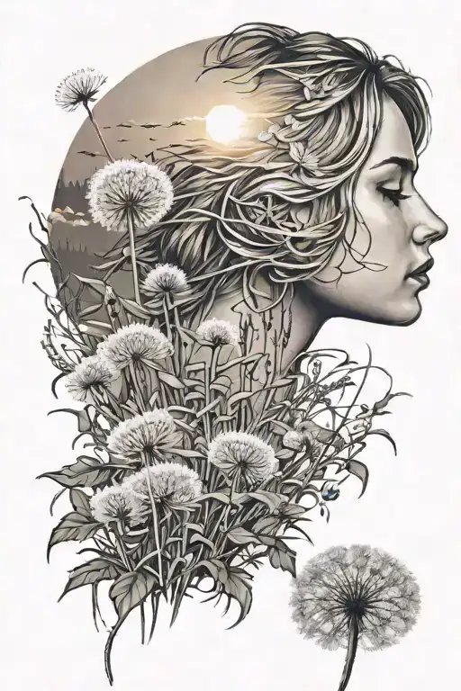 Girl In Flower Field With Sunset Blowing Dandilion