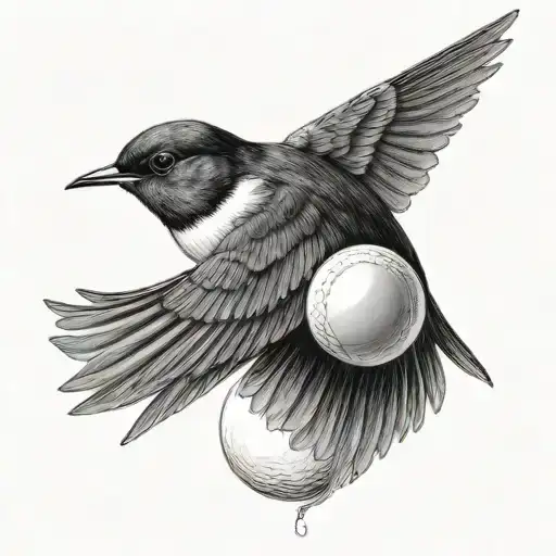 Realistic Black And White Tattoo Of A Swallow Flying With A Small Petanque Ball In Its Mouth