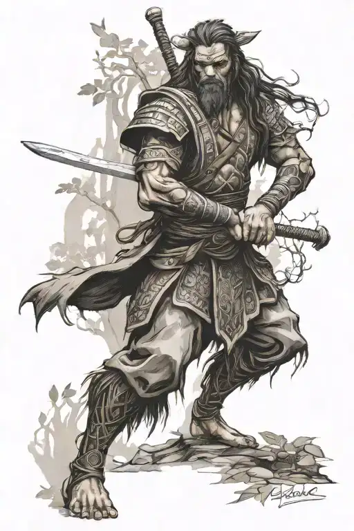 Ancient Warrior Practicing Martial Arts In A Mystical Forest