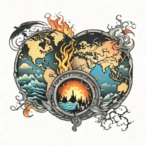 Colorful World Tattoo With Dark Background And Fire Around It