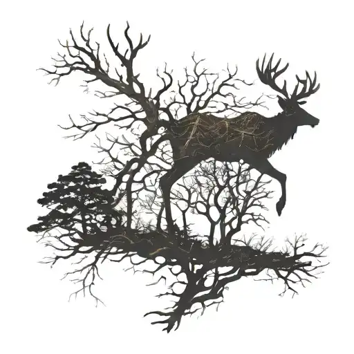 The Back Of A Deer Silhouette Filled With Trees And Branches