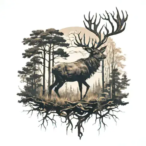 The Back Of A Deer Silhouette Filled With Trees And Branches