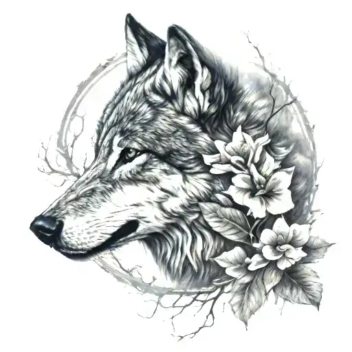 Wolf Face With Trees And One Small Hibiscus Flower