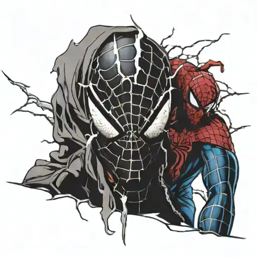 Half Venom Face And Half Spiderman With Lighting Strike And Webs In A Storm