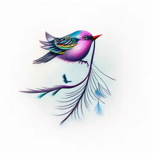 Single Bird Feather With Birds Flying Away