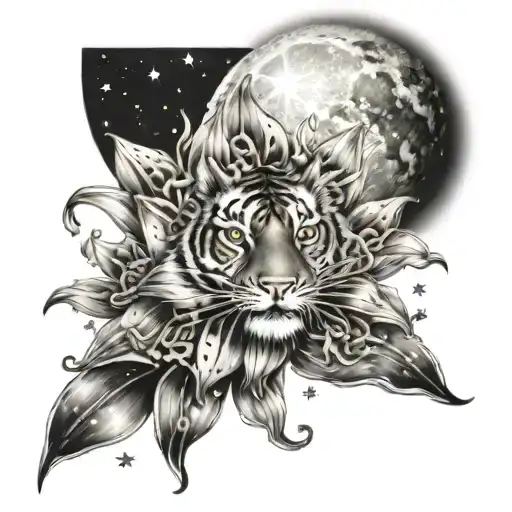 Tiger Lily Surrounded By Stars Shining And Full Moon