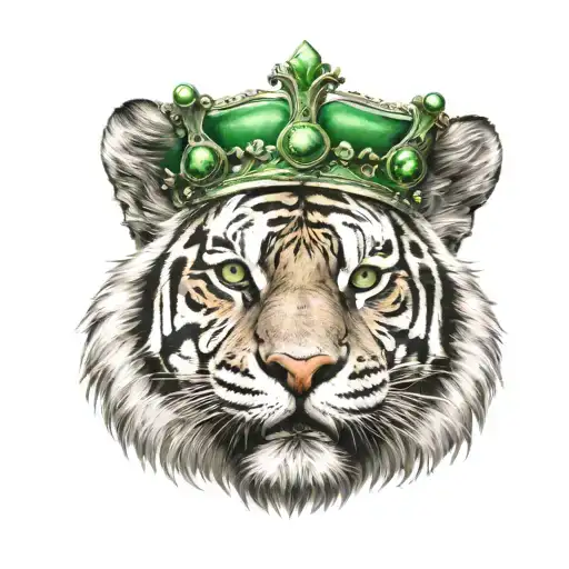 Tiger Face With Green Eyes And Royal Crown On Head