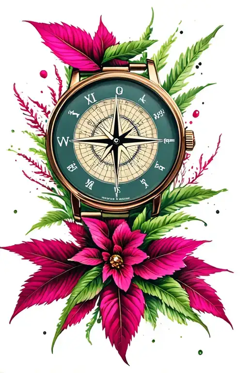 Watch Face And Compass Fuchsia Plant Intertwined Within