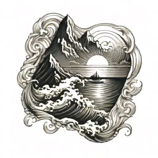 Sun Rising Above The Mountain And Waves