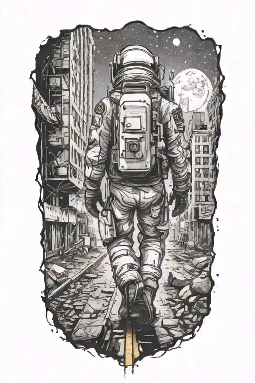 Astronaut Walking Down Road In Abandoned Metropolis Crumbling Skyscrapers Under Cosmic Sky