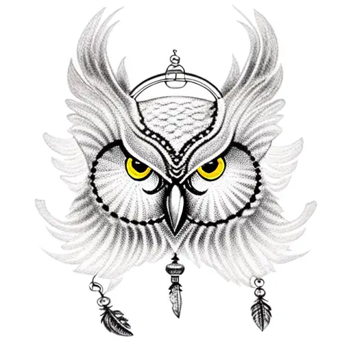 A Tattoo Of An Owl Wearing A Dream Catcher Necklace