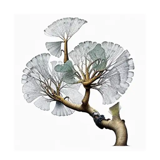 Ginkgo Tree With A Mountain Underground For Roots And Leaves Floating Away From The Tree