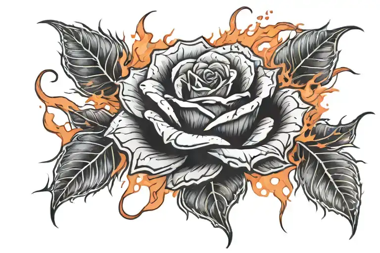 Black Rose On Fire With Red Flames And Surrounded By Lava Cracks