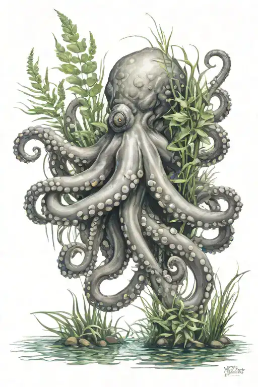 Octopus Hiding In Underwater Plants Intertwined