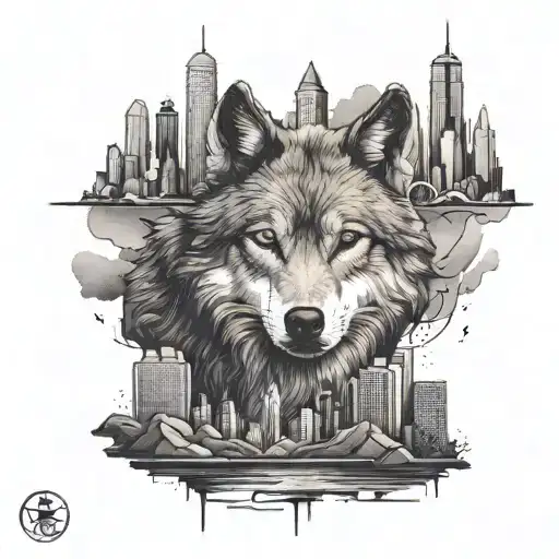 A Wolf With A City Beneath Him In Minimalist Miniature