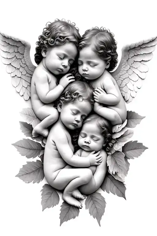 3 Baby Angels In Leafs Sleeping