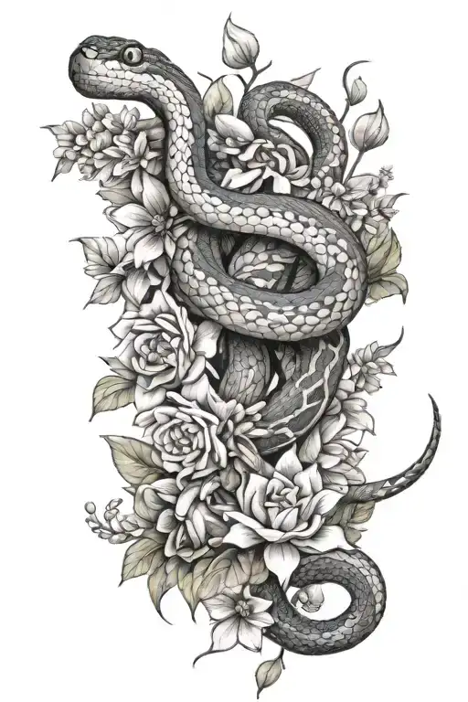 Snake Wrapping Around Leg Surrounded By Flowers Growing