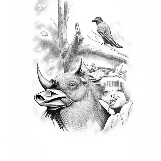 Raven And Boar Family In The Wood With Lake