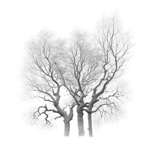 Three Oak Trees Trees In Cloudy Forest