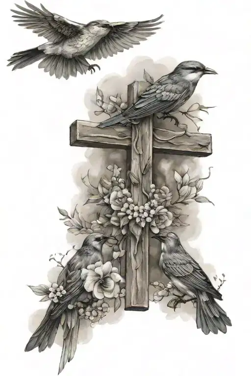 Cross With Three Beautiful Birds Flying Around It