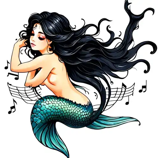 Mermaid With Black Hair And Musical Notes In The Syrup