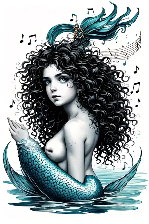 Mermaid With Curly Hair And Musical Notes In The Syrup