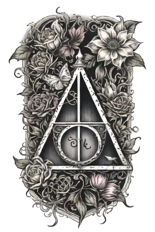 Harry Potter Deathly Hallows Symbol Mixed With Flowers And Hyper Realistic Background Imagery