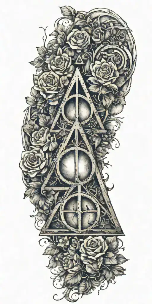 Harry Potter Deathly Hallows Symbol Mixed With Flowers And Hyper Realistic Background Imagery