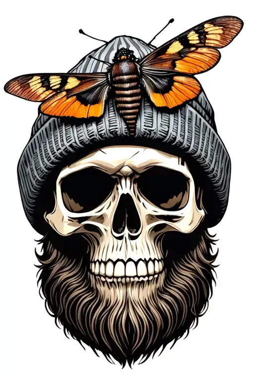 Bearded Skull Wearing A Beanie With A Death Moth Resting