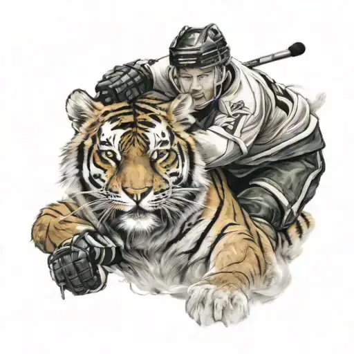 A Hockey Player In Action With A Tiger Cub On Their Shoulder