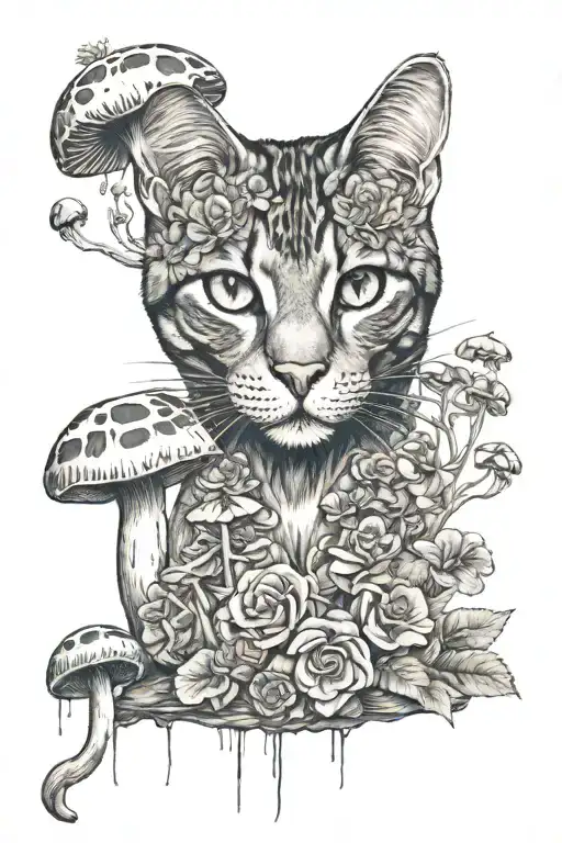Withered Cat With Mushrooms And Flowers Growing Through It