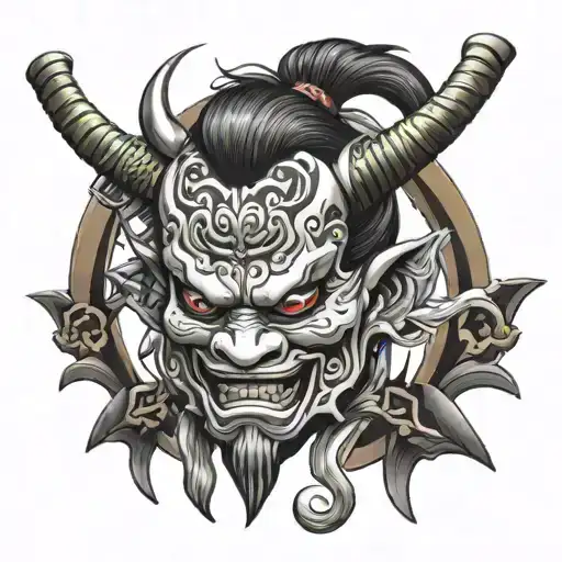 Japanese Oni Mask With Geisha Holding A Katana