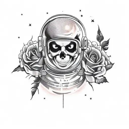 A Skull Of An Astronaut In Space Helmet And Roses With Planets And Stars In The Background