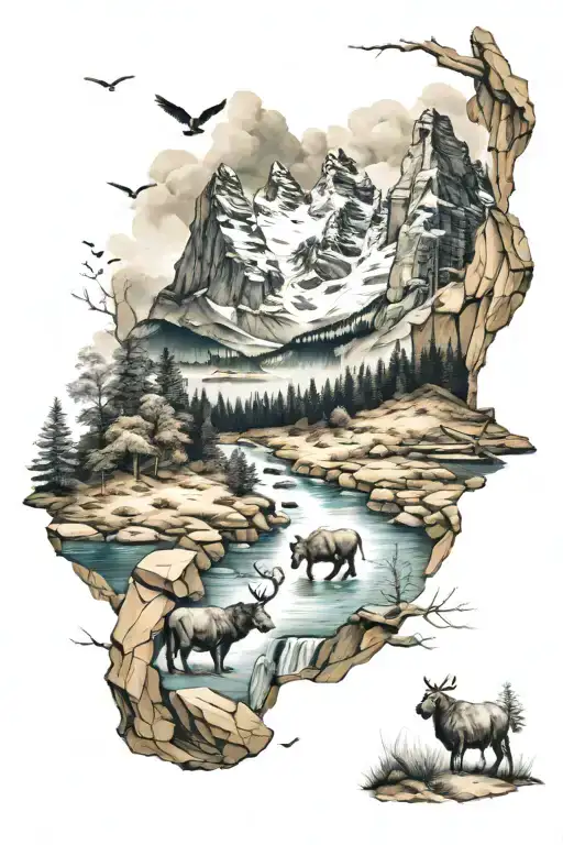 A Beautiful Mountain Landscape With Animals And River