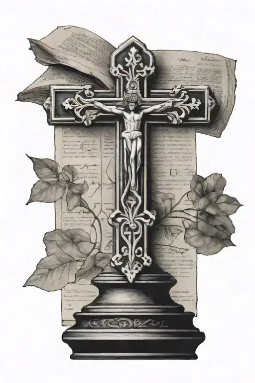 A Black And White Cross With A Bible Page Behind It