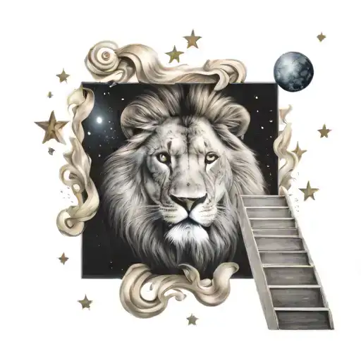 A Lion Climbing The Stairs To Heaven And Stars
