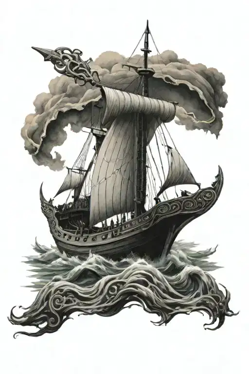 Viking Ship Sailing With Runes Floating And Norse Gods Tyr And Thor And Odin In The Distance