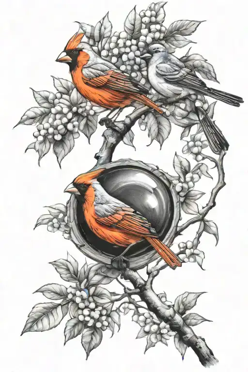 Cardinal And Mockingbird On An Orange Tree