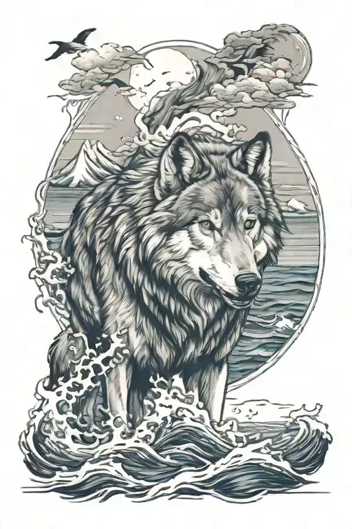 Wolf And Ocean Background